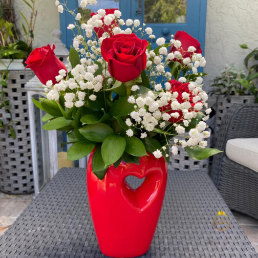 Bouquet of Red Roses in Heart Vase